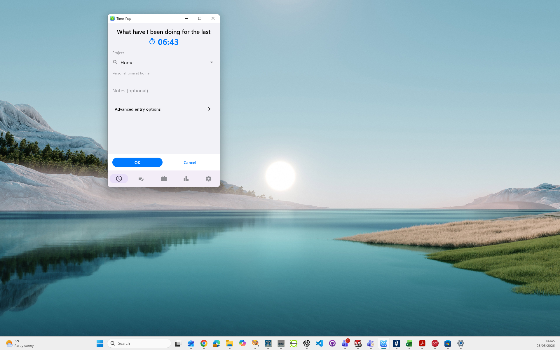 Time-Pop new entry window with project selected and note ready for quick capture