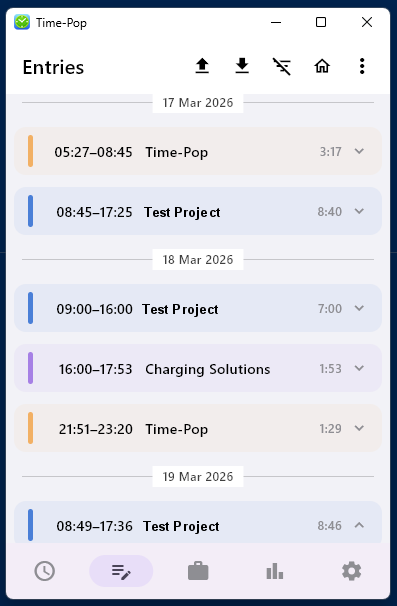 Timeline view showing categorized time blocks for multiple work entries