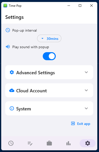 Settings screen for reminders, language, and desktop behavior